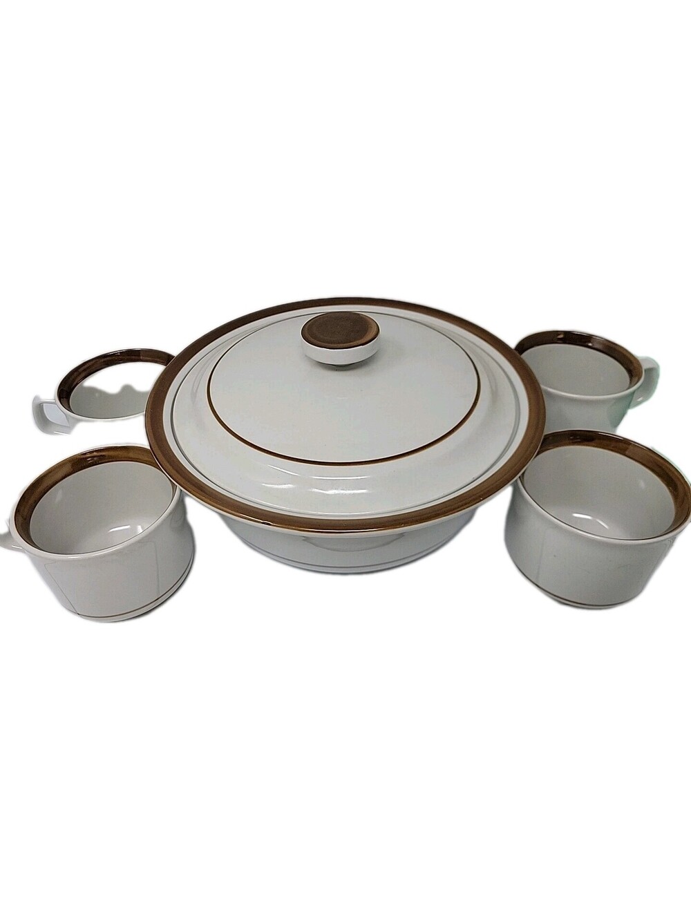 Vtg Monterrey Stoneware Japan Brown Rim, Serving Dish with 4 Mugs